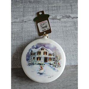 New Bronner's Blown Glass Ornament Farm House Hand Painted Glitter White Vtg